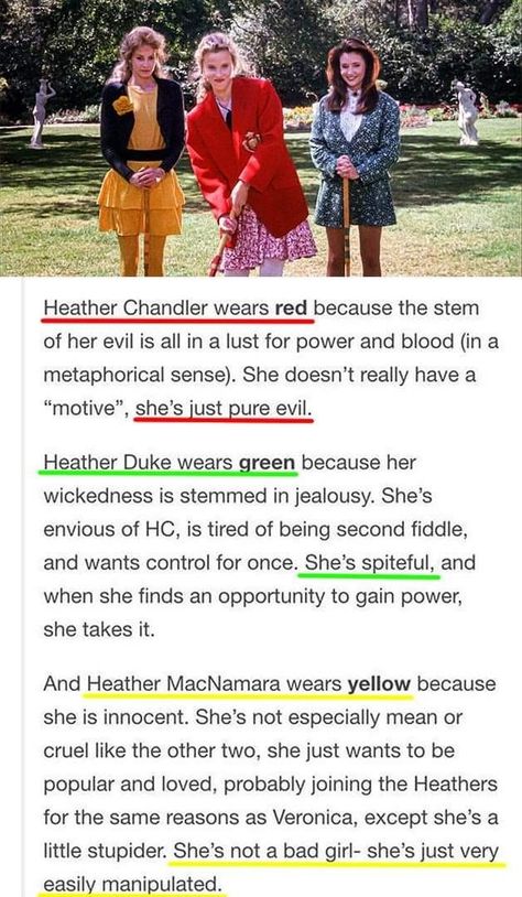 Color theory behind costume design Heathers Slime Tutorial, Heather Chandler Costume, Heather Chandler Movie, Heathers Heather Chandler, Heathers Costume, Theater Kid Memes, The Heathers, Heathers Fan Art, Heather Duke