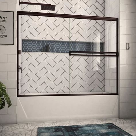 Arizona Shower Door 66" x 57" Bypass Semi-Frameless Tub Door | Wayfair Narrow Bathroom With Bathtub, Tub Enclosures, Small Bathroom Renovation, Bathtub Doors, In The Bathtub, Tub Doors, Hall Bathroom, Bathroom Tub, Bathroom Remodel Shower