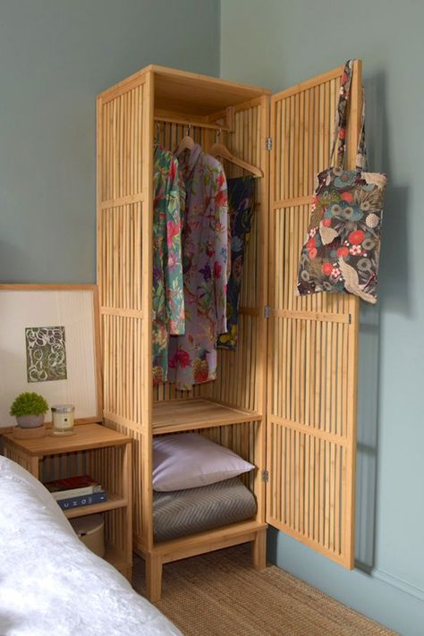 Futon Company Suratto Bamboo Wardrobe Japanese Bedroom Ideas Small Spaces, Japanese Futon Bedroom, Bamboo Wardrobe, Bedroom Japandi, Small Space Storage Bedroom, Bamboo Bedroom, Japanese Inspired Bedroom, Small Space Furniture, Creating A Capsule Wardrobe