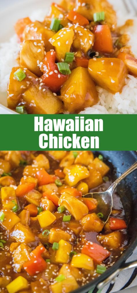 Hawaiian Chicken -tender and juicy chicken stir-fry with bell peppers and chunks of pineapple in a sweet and sour sauce. Hawaiian Chicken Skillet, Spicy Hawaiian Chicken, Chx Recipes, Easy Hawaiian Chicken, Food Hawaii, Best Lunch Recipes, Hawaiian Recipes, Chicken Receipes, Asian Meals