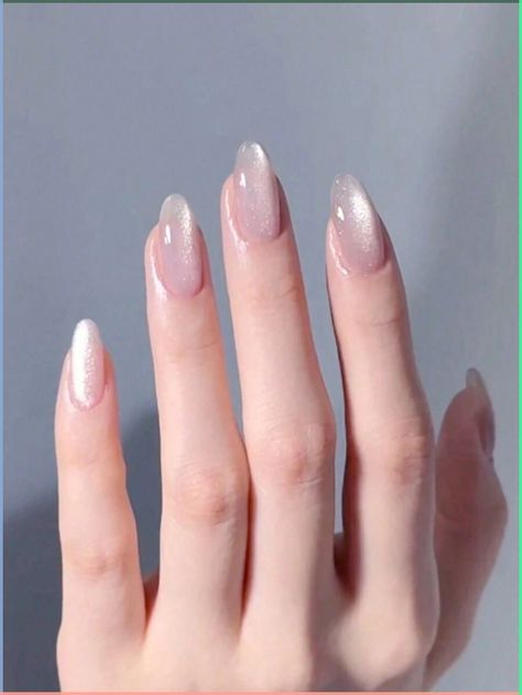 Nail Idea Glitter, Cute Nails For 2024, Nails With Embellishments, Cute Elegant Nail Ideas, Elegant Color Nails, Wedding Nails For Bride Cat Eye, Japanese Press On Nails, Elegant Cat Eye Nails, White Nails Ideas 2024