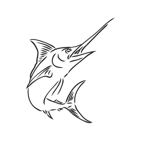 Marlin Sketch, Marlin Drawing, Marlin Illustration, Marlin Tattoo, Swordfish Tattoo, Fish Line Drawing, Ocean Doodles, Blue Marlin Fish, Fish Outline