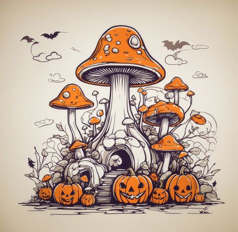 🎃✨ Get your home ready for Halloween with our enchanting Mushroom Halloween Illustration. 🍄👻 It's the perfect blend of spooky and stylish! 🌟🏡 #HalloweenDecor #MushroomArt #Fantasy mushroom art #Vintage mushroom decor #Funky house decor #Weirdcore bedroom #DIY mushroom decor #Mushroom coffee Fantasy Mushroom Drawing, Halloween Mushroom Art, Christmas Mushroom Illustration, Spooky Mushroom, Mushroom Home Drawing, Christmas Mushroom Art, Halloween Mushrooms, Hippie Mushroom Art, Mushroom House Illustration