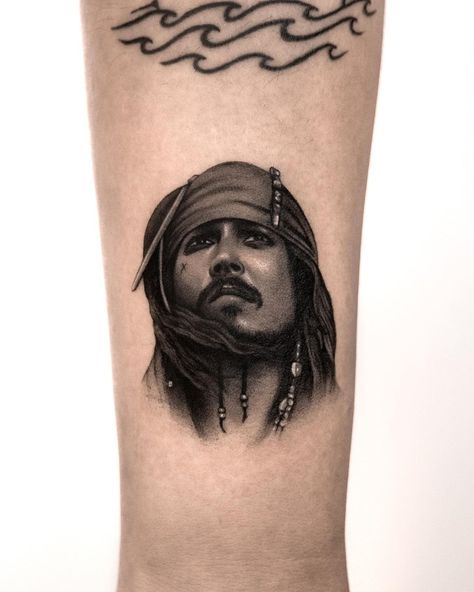 - Jack Sparrow, Pirates of the Caribbean, customised design. Another movie portrait, thank you for your massive trust and patience again… | Instagram Jack Sparrow Tattoo Design, Movie Themed Tattoos, Tattoo Design Portrait, Jack Sparrow Tattoo, Pirates Of The Caribbean Tattoo, Movie Portraits, Sparrow Tattoos, Johnny Depp Tattoos, Themed Tattoos