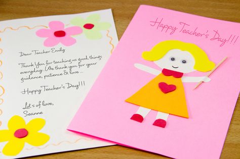 How to Make a Homemade Teacher's Day Card -- via wikiHow.com Teachers Day Cards Handmade By Kids Easy, Happy Teachers Day Card Handmade, Teachers Day Cards Handmade Creative, Diy Cards For Teachers, Teacher Birthday Card, Greeting Cards For Teachers, Happy Teachers Day Card, How To Make Cards, Eggless Cookie