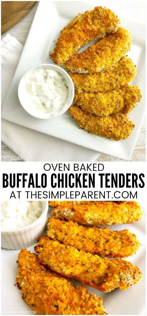 Buffalo Baked Chicken Tenders - These easy chicken strips are a healthy alternative to fried chicken nuggets. You make these homemade chicken fingers in the oven! If you like Panko bread crumbs, you'll love these! This chicken dinner recipe is better than in a restaurant, and is a much healthier recipe!  via @thesimpleparent Baked Buffalo Chicken Tenders, Homemade Chicken Fingers, Main Dishes For Dinner, Buffalo Chicken Tenders, Chicken Finger Recipes, Fried Chicken Nuggets, Panko Chicken, Baked Buffalo Chicken, Baked Chicken Tenders