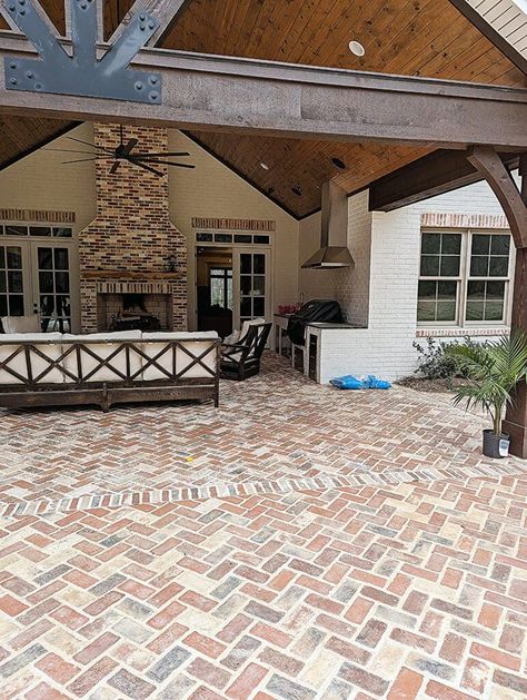 Brick Covered Patio, Herringbone Brick Patio, Herringbone Patio, Stone Patio Ideas, Sitting Wall, Striped Furniture, Patio Upgrade, Brick Archway, Chicago Brick