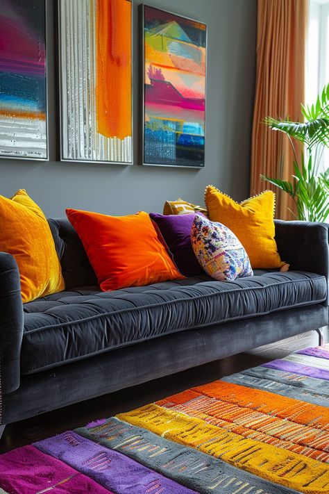 29 Dark Grey Couch Living Room Ideas to Add Sophistication 1 Grey Couch Colorful Pillows, Sofa Room Design, Charcoal Grey Couch, Grey Couch Living Room Ideas, Dark Grey Couch, Dark Grey Couch Living Room, Dark Grey Couches, Couch Living Room Ideas, Sofa Room