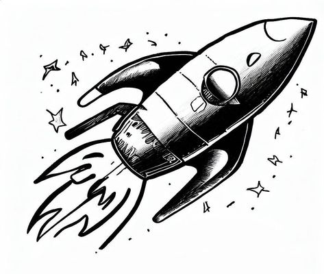 A hand-drawn style, retro rock ship, black and white Rocket Ship Tattoo, Traditional Tattoo Inspiration, Chicano Drawings, Ship Tattoo, Rocket Ship, Grayscale Coloring, Tattoo Idea, Traditional Tattoo, Style Retro