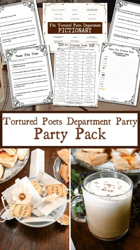 The Tortured Poets Department Party Games | The TipToe Fairy Tortured Poets Department Party, Ttpd Party Ideas, Lime Tartlets, New Romance Books, Reading Tea Leaves, Swift Party, Chocolate Scones, Name That Tune, Red Velvet Cake Mix