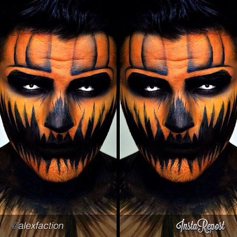 Make-up for Halloween - great pumpkin look Face Paint For Men, Scary Face Paint, Mens Halloween Makeup, Halloween Smink, Scarecrow Halloween Makeup, Creepy Halloween Party, Holloween Makeup, Monster Makeup, Halloween Pumpkin Carving Stencils