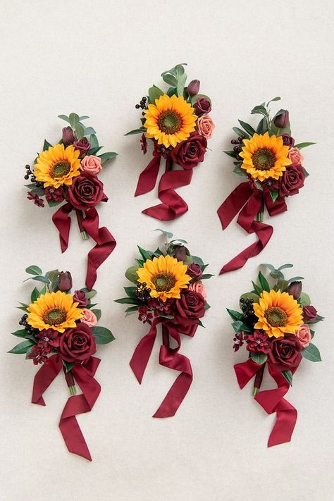 Red Sunflower Wedding Colors 2024, Red Bridesmaid Dresses, Yellow Sunflower Wedding Bouquets - ColorsBridesmaid Sunflower Wedding Colors, Red Sunflower Wedding, Sunflower Wedding Decorations, Sunflowers And Roses, Sunflower Wedding Bouquet, Sunflower Themed Wedding, Rustic Wedding Ceremony, Orange Shades, Handmade Bouquets