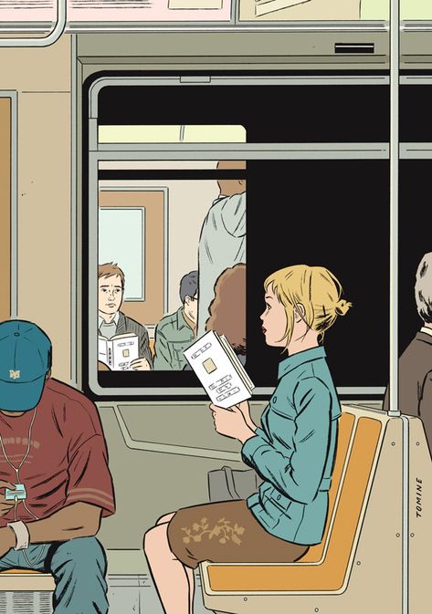 Missed Connection, 2004. Image credit: Adrian Tomine Adrian Tomine, New York Drawing, People Reading, New Yorker Covers, Bd Comics, Woman Reading, Reading Books, The New Yorker, I Love Books