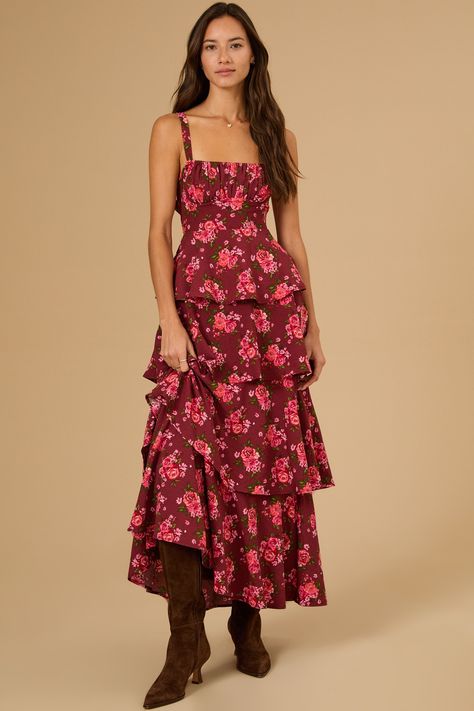 Jordan Floral Tiered Maxi Dress in Wine Multi | Altar'd State Floral Attire, Flowy Dress Casual, Flowy Fabric, Crochet Maxi Dress, Bow Dress, Bow Back, Tiered Maxi Dress, Floral Dresses, Effortless Elegance