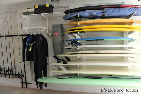 Elfa System, Casa Casuarina, Surfboard Storage, Surf Rack, Gear Room, Garage Organisation, Surfboard Rack, Board Storage, Surf House