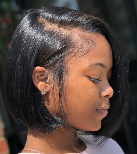 Short Bob Haircut For Black Women, 4c Natural Hairstyles Short Straight, Asymmetrical Bob Natural Hair, Short Bob Hairstyles Natural Hair, Black Girls With Short Straight Hair, Side Part Bob Natural Hair Black Women, Side Part Short Hair Black Women, Natural Short Bob For Black Women, Natural Hair Bobs Black Women