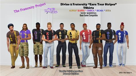 Divine 9 Fraternity "Earn Your Stripes" TShirts by TajLIbra Creations | Patreon Sims 4 Fraternity Cc, Sims4 Clothing, Sims 4 Male Clothes, Divine 9, Male Clothes, Basketball Uniforms, Sorority And Fraternity, Sims 4 Cc Finds, Sorority Shirts