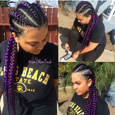 Royalty! Beatiful purple passion ghana braids Braids With Added Color Hair, Purple Cornrows Braids, Braids Ideas With Color, Purple Cornrows, Ghana Braid Styles, Ghana Braids Hairstyles, Purple Braids, Ghana Braids, Braids Hairstyles Pictures