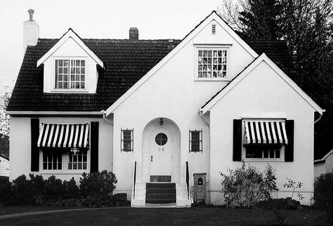 house with striped awnings by striatic, via Flickr House Awnings, Canopy Architecture, Backyard Canopy, White Canopy, Window Awnings, White Cottage, Painted Brick, Canopy Outdoor, Cozy Cottage