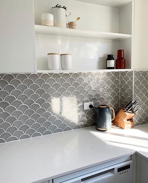 Coral Bay Gloss Grey Fish Scale Tile Fish Scale Tiles, Fish Scale Tile, Dream Laundry Room, Laundry Room Renovation, Laundry Design, Modern Laundry Rooms, Laundry Room Inspiration, Laundry Mud Room, Fish Scale