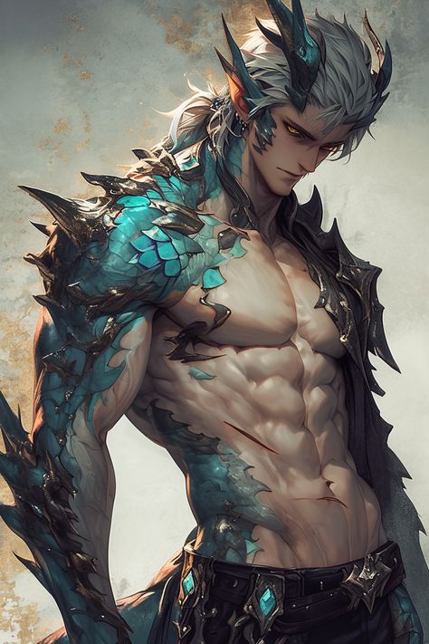 Human With Dragon Scales, Silver Dragon Human Form, Dragon Tattoo Shoulder Men, Hybrid Creatures Art, Dragon Person Hybrid, Dragon Shifter Male, Human Dragonborn, Ice Character Design Male, Half Dragon Half Human Male