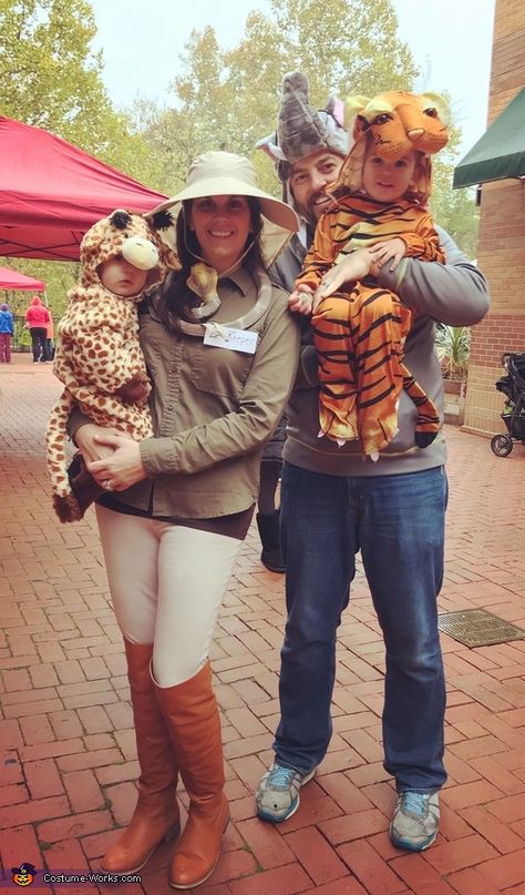 Tanna: My toddler is obsessed with animals and picked out our costumes. Mommy was a Zoo Keeper, Daddy Elephant, Brady a Tiger and Bry is a Giraffe. Diy Zoo Keeper Costume Women, Halloween Zoo, Sibling Halloween Costumes, Sibling Costume, Giraffe Costume, Elephant Costumes, Twin Halloween, Halloween Circus, Animal Halloween Costumes