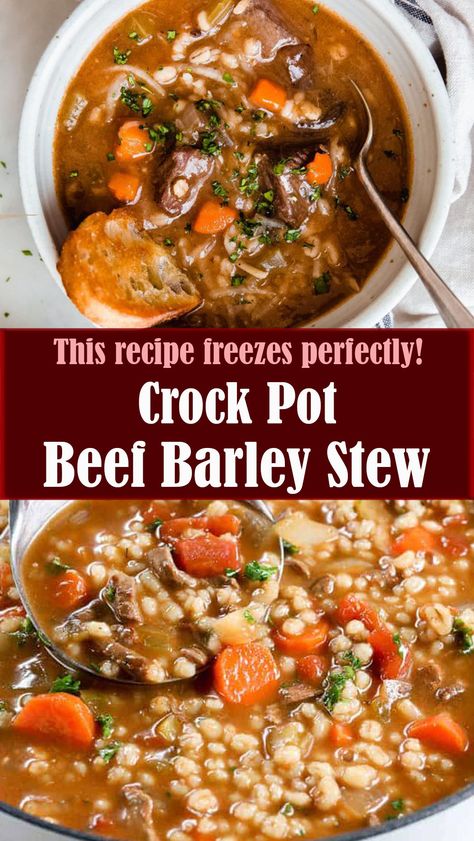 Crock Pot Beef Barley Stew – Reserveamana Barely Recipes, Stew With Barley, Crock Pot Recipes Beef, Crockpot Beef Barley Soup, Beef And Barley Stew, Beef Barley Stew, Barley Stew, Beef And Barley, Mediterranean Dinner