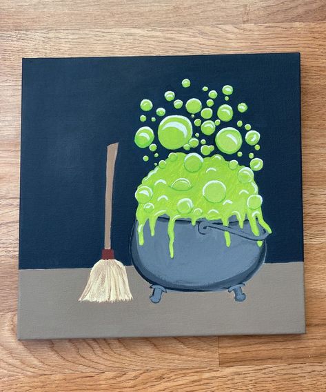 Hand painted canvas with a witch's cauldron and broomstick. Witches Cauldron Drawing, Couldren Drawings, Easy Witch Painting, Cauldron Painting, Simple Halloween Paintings On Canvas, Witchy Painting Ideas, Witches Caldron, Pumpkin Inspo, Pumpkin Paint