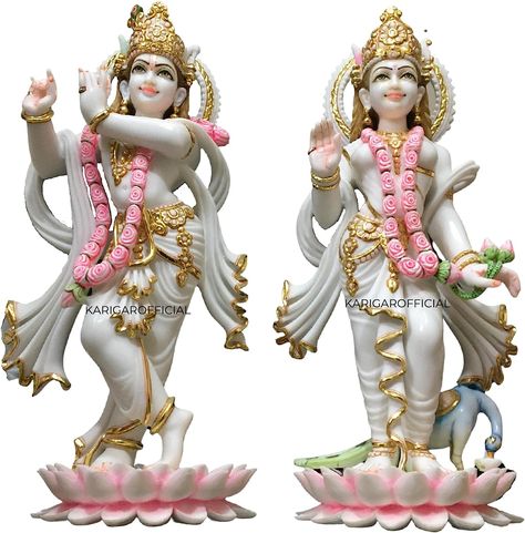 Radha Krishna Statue on Lotus Flowers - Large 24-Inch Murti in Gold Leaf Work - Hindu divine couple for home temple and wedding gifts. Radha Krishna Idol, Radha Krishna Statue, Divine Couple, Krishna Idol, Couple Home, Krishna Statue, Temple Wedding, Home Temple, Lotus Flowers