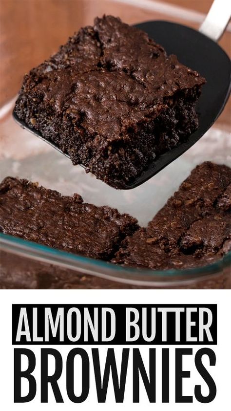 Rich, gooey, dark, healthy, gluten free, chocolate almond butter brownies! #chocolate #dessert #brownies #glutenfree #healthy Banana Almond Butter Brownies, Vegan Almond Butter Brownies, Healthy Dessert Recipes Vegan, Almond Butter Brownies Healthy, Healthy Dark Chocolate Brownies, Healthy Flourless Brownies, Brownies With Dates Healthy, Things To Make With Almond Butter, Low Cholesterol Brownies