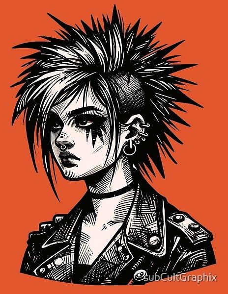 Embrace punk rock attitude with this hand-drawn punk girl, exuding rebellion and individuality. Perfect for making a statement on t-shirts, posters, and beyond. Chica Punk, Punk Girls, Arte Punk, Punk Art, Punk Girl, Punk Rock, Hand Drawn, How To Draw Hands, T Shirts