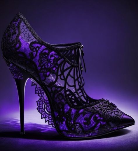 Purple Goth Aesthetic, Dark Purple Heels, Silly Wedding, Gothic Heels, Purple Black Wedding, Dark Purple Wedding, Goth Wedding Dresses, Vampire Au, Fantasy Shoes