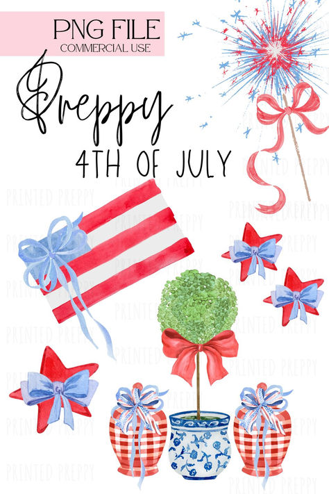 Preppy 4th Of July, July Clipart, 4th Of July Clipart, Watercolor Png, Watercolor Pictures, Chinoiserie Chic, Preppy Summer, Happy 4 Of July, Watercolor Inspiration