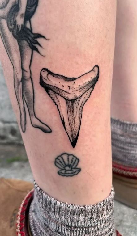 Small Jaws Tattoo, Open Shark Mouth Tattoo, Tiger Shark Jaw Tattoo, Shark Themed Tattoos, Shark Bone Tattoo, Hammerhead Shark Tooth Tattoo, Shark Tooth Drawing Tattoo Ideas, Shark Tooth Tattoo Traditional, Big Shark Tattoo