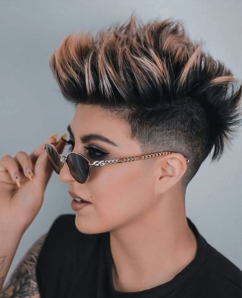 Woman Spiked Hair, Womens Short Hair Undercut, Pixie Hairstyles For Women In 40s, Short Wavy Hair Undercut, Faux Hawk Shaved Sides, Cute Undercut For Women, Hair Color Ideas For Pixie Haircut, Mohawk Styles For Women, Women’s Short Hairstyles