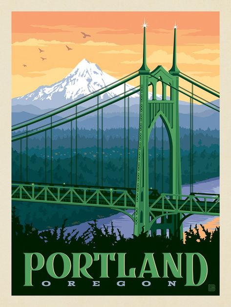 Vintage Oregon Poster, St Johns Bridge Portland, Vintage Portland Oregon, Oregon Illustration, Portland Oregon Aesthetic, Portland Poster, Oregon Poster, American Travel Posters, Mount Saint Helens