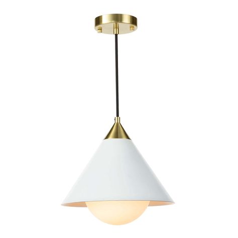 An elegantly modern pendant, Doyle's conical shade is topped with a natural brass pop of contrast – and finished with the same warm brass canopy. Another unique sculptural detail of this pendant is its milk glass globe that houses a bulb to create a subtle glow. Perfect for over a kitchen island or sink. Dimensions: W: Leclair Decor, Small Pendant Lights, Custom Sectional, Beaded Chandelier, Furniture Side Tables, Hanging Curtains, Small Decor, Modern Pendant, Simple Elegance