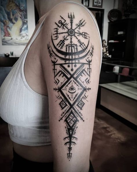 Top 61 Best Nordic Arm Tattoos Ideas - [2020 Inspiration Guide] Viking Tattoo Shoulder, Vikings Arm Tattoo, Nordic Runes Tattoo Arm, Runic Tattoo Arm, Helm Of Awe Tattoo Women, Viking Tattoo Ideas For Women, Norse Armband Tattoo, Norse Arm Tattoo, Feminine Nordic Tattoo