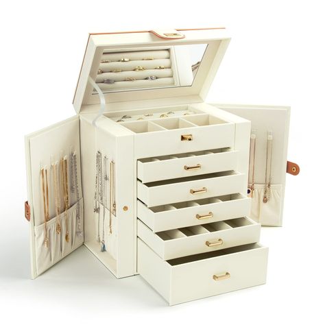 KAMIER Jewelry Box for Women, 6-Layer Large Jewelry Organizer Box with Mirror & 5 Drawers for Rings, Earrings, Necklaces, Bracelets,White Jewelry Box Mirror, Large Jewelry Box, Leather Jewelry Box, Earring Organizer, Accessories Holder, Jewelry Organizer Box, Ceiling Fan In Kitchen, Large Jewelry, Large Mirror