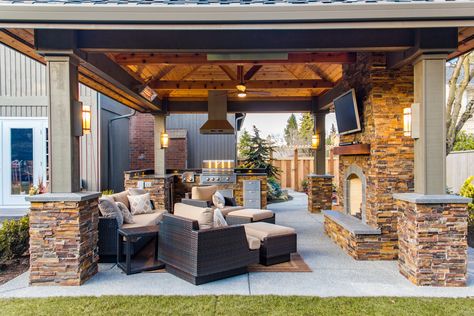 This Seattle-area outdoor family room by @urbanoasisllc features wall mount WD-Series heaters to supplement the warmth from the fireplace so the space can be enjoyed year-round. #outdoorroom #outdoorrooms #seattlehomes #pacificnorthwesthomes #outdoorheater #outdoorheaters #outdoorlivingspace #outdoorlivingspaces #outdoorlivingroom #outdoorlivingarea Tabletop Patio Heater, W Series, Stone Fireplaces, Outdoor Fireplace Patio, Grill Area, Outdoor Living Rooms, Backyard Bar, Backyard Pavilion, Backyard Remodel