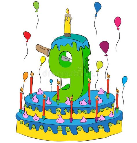 Birthday Cake With Number Nine Candle, Celebrating Ninth Year of Life, Colorful Balloons and Chocolate Coating vector illustration Birthday Cake And Balloons, Birthday Cake Clipart, Cake And Balloons, Cake Clipart, Colors Illustration, Number Nine, Colorful Balloons, A Birthday Cake, Chocolate Coating