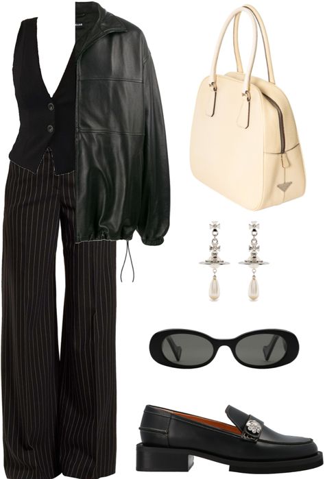 Discover outfit ideas for made with the shoplook outfit maker. How to wear ideas for Ganni Shoes and Pinstripe wool wide-leg trousers Pinstripe Vest Outfit, Pinstripe Trousers Outfit, Pinstripe Pants Outfit, France Clothes, Ganni Shoes, Autumn 23, 6th Form, France Outfits, Trousers Outfit