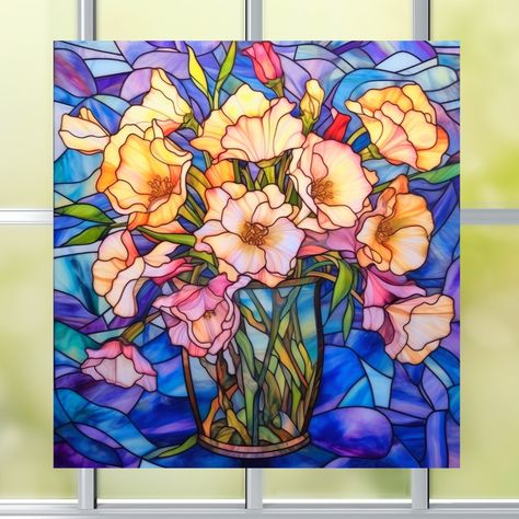 Faux Stained Glass Window, Stained Glass Window Clings, Lisianthus Flowers, Flowers Window, Glass Painting Patterns, Abstract Ideas, Draw Flowers, Glass Cleaning, Indoor Window