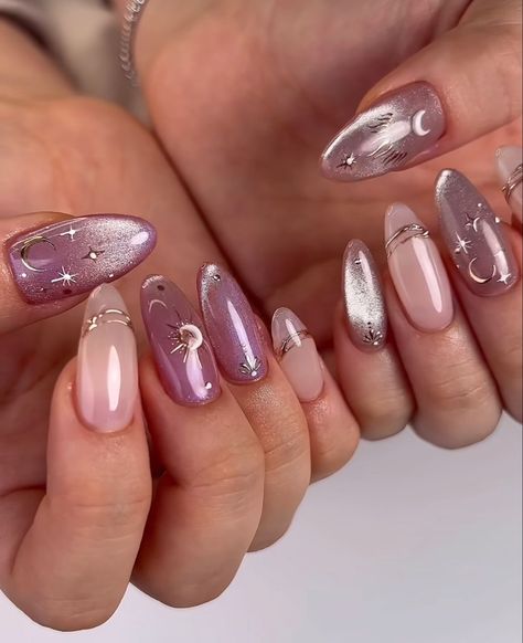 French Cateye Nailart, Douyin Nails Cat Eye, Nail Design With Chrome, Celestial Cat Eye Nails, Japanese Cat Eye Nails, Cateye Nailart Korean, Pink Cateye Nail Design, Violet Nails Designs, Nail Art Elegant Classy Beautiful