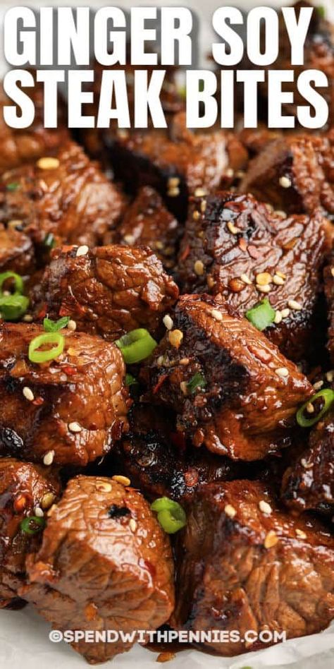 Ginger Steak, Steak Bits, Soy Ginger Sauce, Asian Steak, Asian Steak Bites, Soy Ginger, Cooking Steak, Steak Bites Recipe, Tender Steak