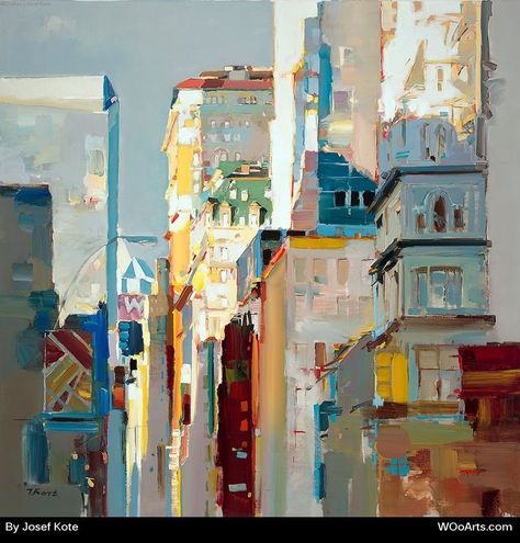 Kote’s trade marks are his bold brush work and sweeping strokes of vibrant colors applied - more often than not - with a pallet knife, ► Josef Kote, Galleria D'arte, Environment Art, Canvas For Beginners, City Painting, Soyut Sanat Tabloları, Cityscape Art, Hur Man Målar, 수채화 그림