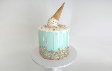 This cake has a 'melting ice cream cone' on top. Perfect as a wedding, bridal shower, or birthday cake. Melting Ice Cream Cake, Ice Cream Drip Cake, Ice Cream Cone Cake, Savory Cakes, Melting Ice Cream, Cake Kids, Rhubarb Cake, Zucchini Cake, Cake Pricing