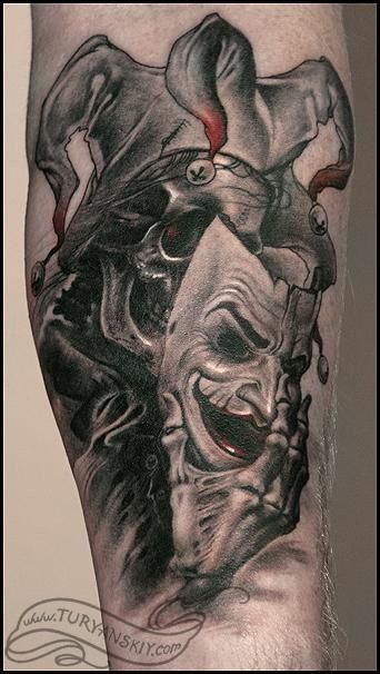 Jester tattoo Evil Jester Tattoo, Joker Card Tattoo, Jester Tattoo, Biomech Tattoo, Evil Jester, Outlaw Tattoo, Evil Clown Tattoos, Wörter Tattoos, Joker Tattoo Design