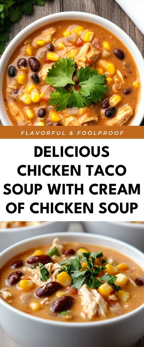 Image for Delicious Chicken Taco Soup with Cream of Chicken Soup Soups Made With Chicken, Soup With Cream Of Chicken, Best Chicken Taco Soup, Chicken Soup With Rotisserie Chicken, Rotisserie Chicken Soup, Chicken Soup Crockpot, Chicken Taco Soup Recipe, King Ranch Chicken, Mexican Soup Chicken