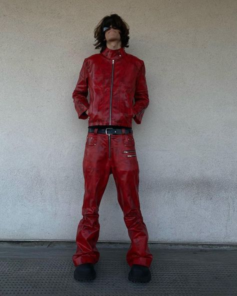 Red Leather Pants Outfit Men, Leather Pants Outfit Men, Red Leather Pants Outfit, Baggy Leather Pants, All Red Outfit, Red Fur Coat, Anarchy Symbol, Red Leather Pants, Leather Goodies